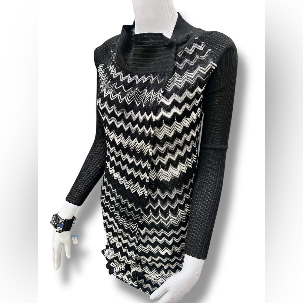 M MISSONI Black White zig zag Cardigan Knit Blouse mock neck sheer